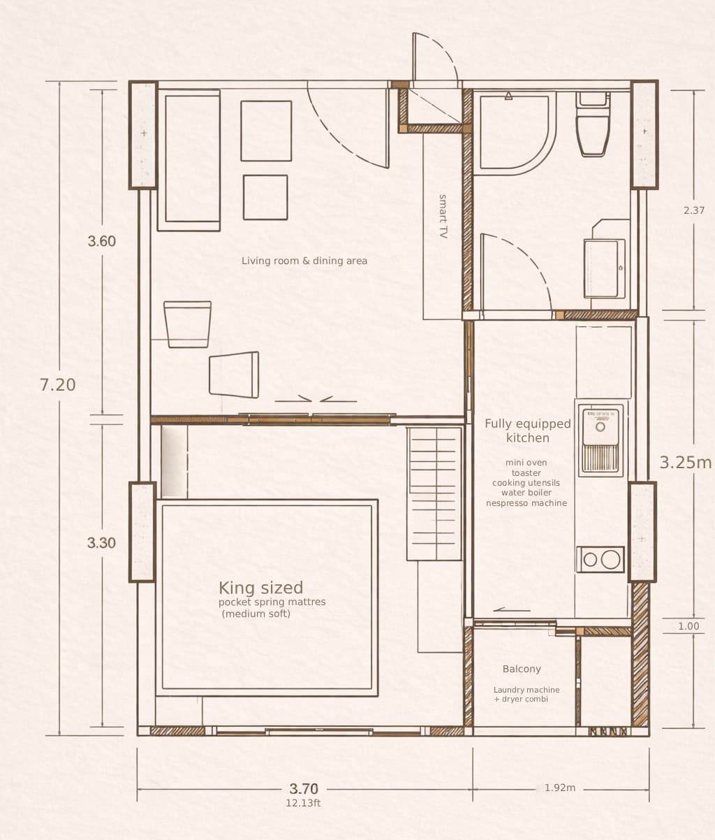 Architectural floor plan showing one-bedroom condo layout with living room, bedroom, kitchen, and bathroom